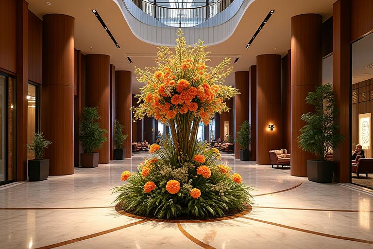 高級ホテルのロビー中央に配置された、季節感あふれる大規模なフラワーアレンジメント