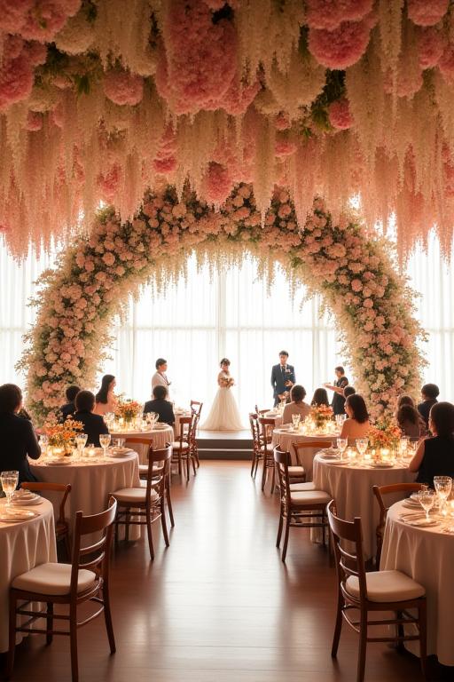 鎌倉のレストランウェディング会場を彩る大規模な花の装飾